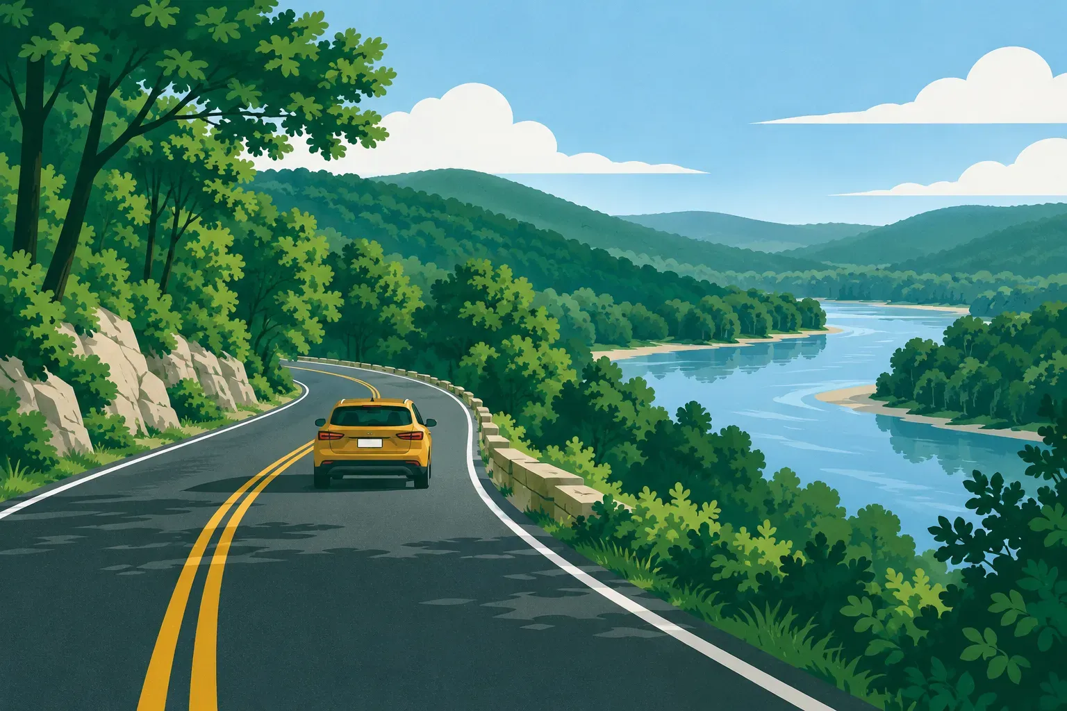 A road through wooded hills along a winding river, a typical landscape of Missouri