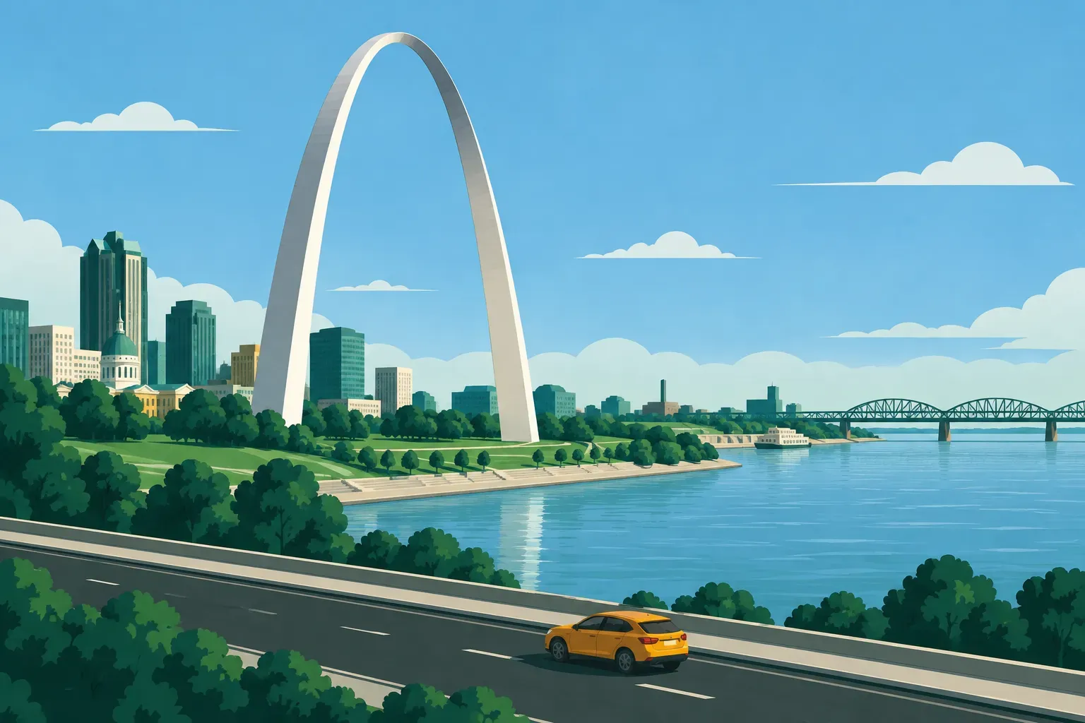 The stainless steel Gateway Arch in St. Louis beside the Mississippi River, in Missouri
